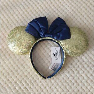Disney NWT Sequined Gold with Blue Bow Ear Headband for Adults